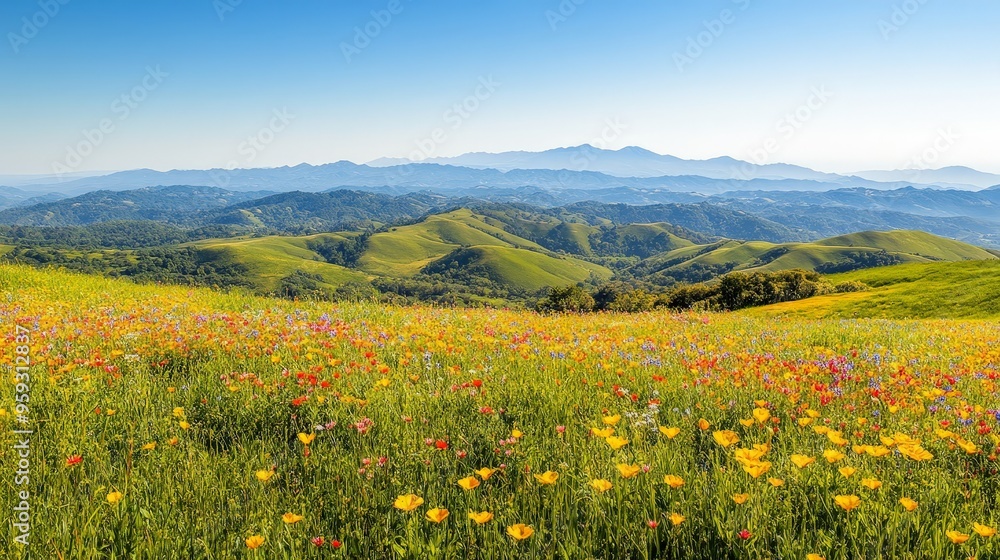 A breathtaking view of rolling hills covered in vibrant wildflowers, stretching out towards a distant mountain range under a clear blue sky.