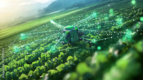 A drone with a digital grid above it flying over a field of green crops. photo