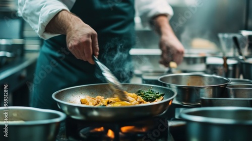 Close-up of a chef stirring food in a pan in a kitchen