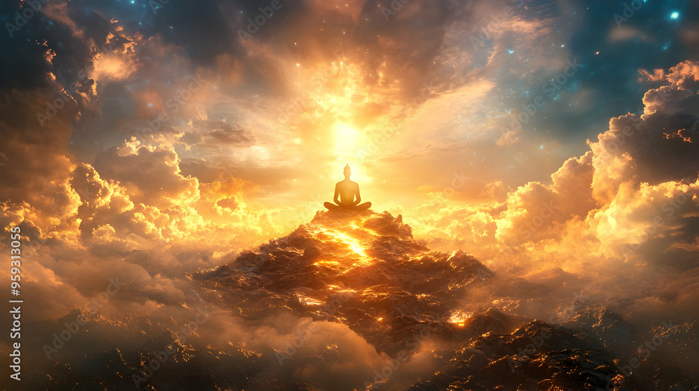 A figure in a meditative pose sits atop a mountain peak surrounded by clouds and a starry sky. A figure in a meditative pose sits atop a mountain peak surrounded by clouds and a starry sky.