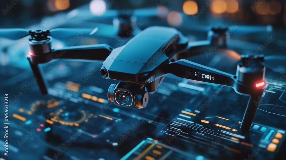 A close-up of a high-tech drone's control interface, showing real-time flight data and camera feed. A close-up of a high-tech drone's control interface, showing real-time flight data and camera feed.