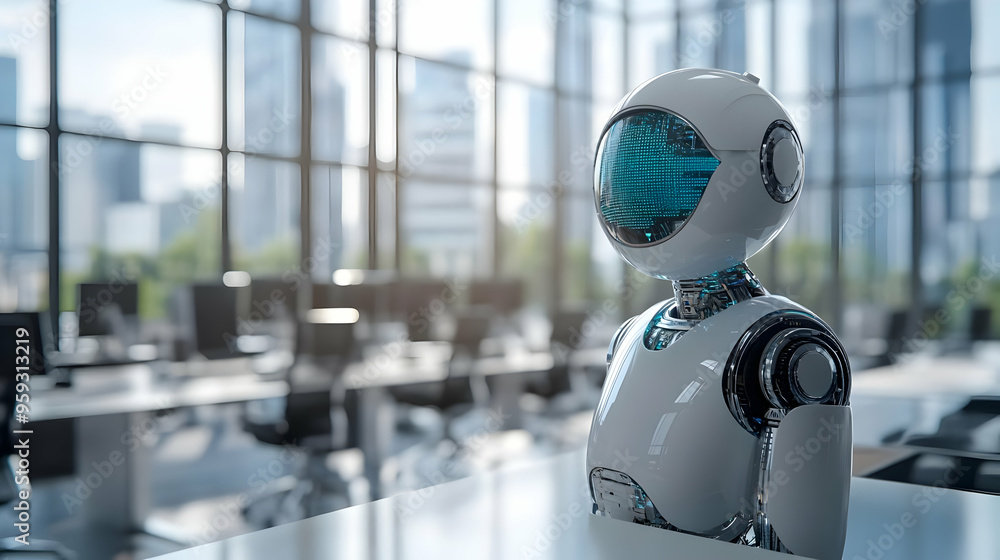 A futuristic robot stands in an office with a city view. A futuristic robot stands in an office with a city view.