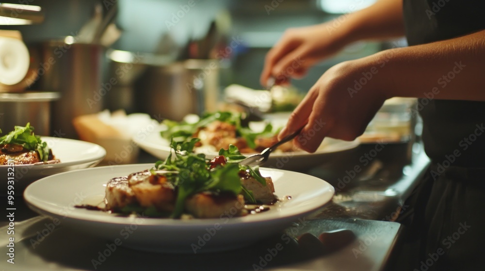 Chef Preparing a Gourmet Meal with Sauteed Scallops and Greens Chef Preparing a Gourmet Meal with Sauteed Scallops and Greens