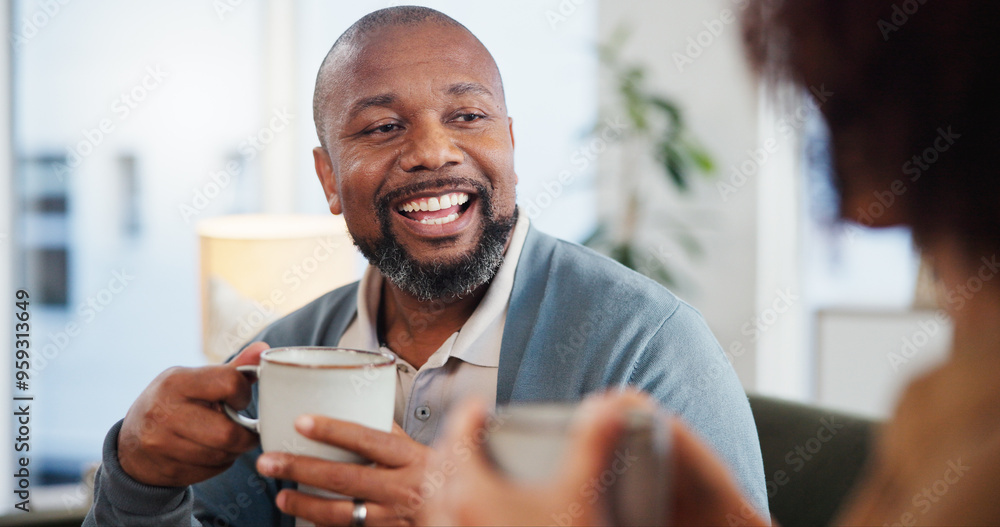 Relax, love and coffee with mature couple on sofa for bonding, marriage and romance. Happiness, calm and health with people drinking in living room of home for tea, communication and comfort together Relax, love and coffee with mature couple on sofa for bonding, marriage and romance. Happiness, calm and health with people drinking in living room of home for tea, communication and comfort together