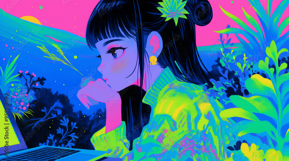girl working with her laptop in her room, concept of studies, work, anime style girl working with her laptop in her room, concept of studies, work, anime style