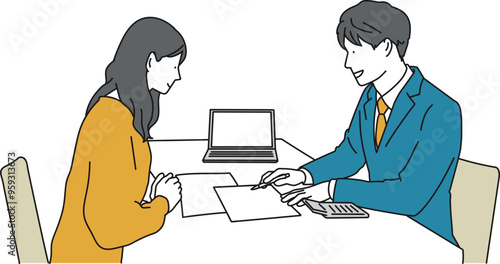 自宅訪問で打ち合わせをする営業マンのシンプルイラスト