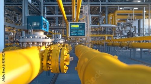 A cross-section of a gas plant highlighting yellow pipes and valves with detailed labels.