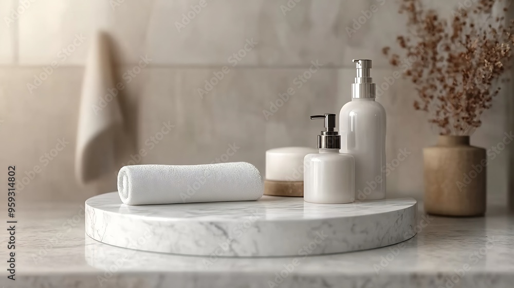 Marble white round podium for bathing products in bathroom spa shampoo shower gel liquid soap Place background for cosmetics Front view Copy space : Generative AI Marble white round podium for bathing products in bathroom spa shampoo shower gel liquid soap Place background for cosmetics Front view Copy space : Generative AI