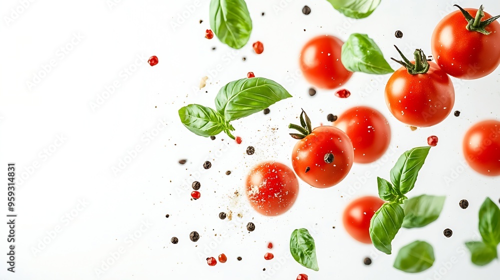 Flying ingredients of tomatoes basil pepper on white background Italian food : Generative AI Flying ingredients of tomatoes basil pepper on white background Italian food : Generative AI
