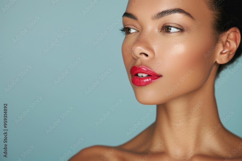 Cropped shot of an elegant woman presenter with lipstick, blending feminine beauty and style, set against a simple solid color backdrop, focusing on the details Cropped shot of an elegant woman presenter with lipstick, blending feminine beauty and style, set against a simple solid color backdrop, focusing on the details