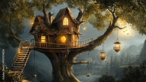 A cozy treehouse with lit windows and hanging lanterns sits high in a tree overlooking a distant town.