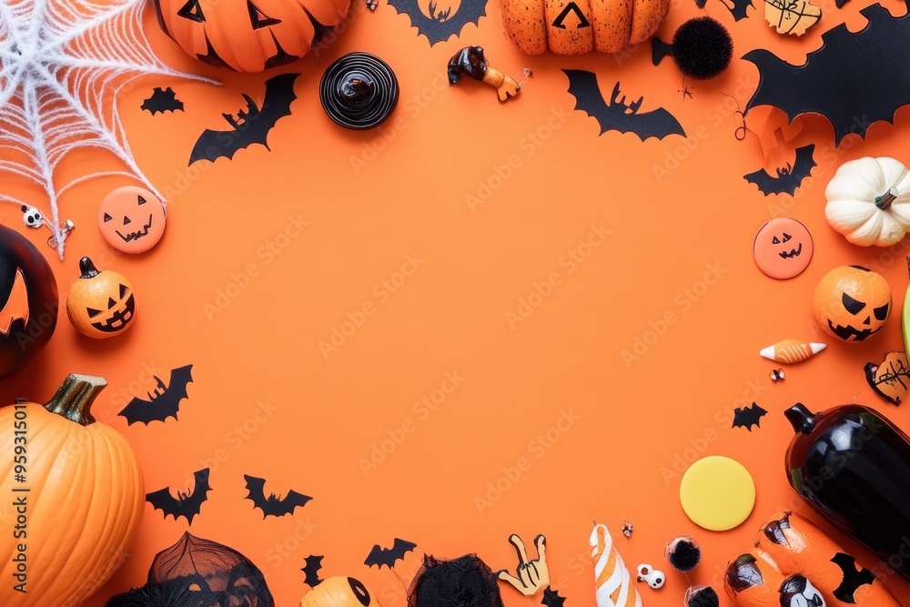 Spooky flat lay of Halloween decorations on an orange background with space in the center for copy, ideal for greeting card designs or party invitations Spooky flat lay of Halloween decorations on an orange background with space in the center for copy, ideal for greeting card designs or party invitations