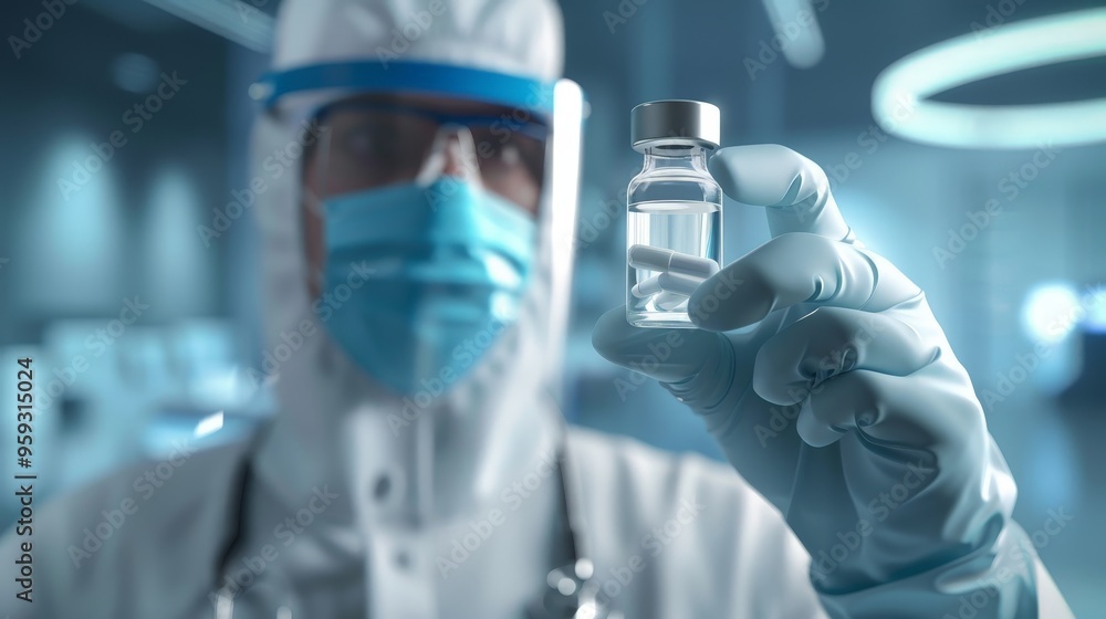 A 3D image of a doctor wearing a protective mask and gloves, holding a vial of medicine. The realistic details and clinical setting emphasize their role in treatment and patient safety. A 3D image of a doctor wearing a protective mask and gloves, holding a vial of medicine. The realistic details and clinical setting emphasize their role in treatment and patient safety.