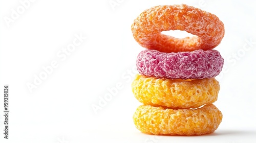 Colorful Breakfast Rings Pile Isolated Fruit Fruity Cereal Rings Colorful Corn Cereals on White Background : Generative AI
