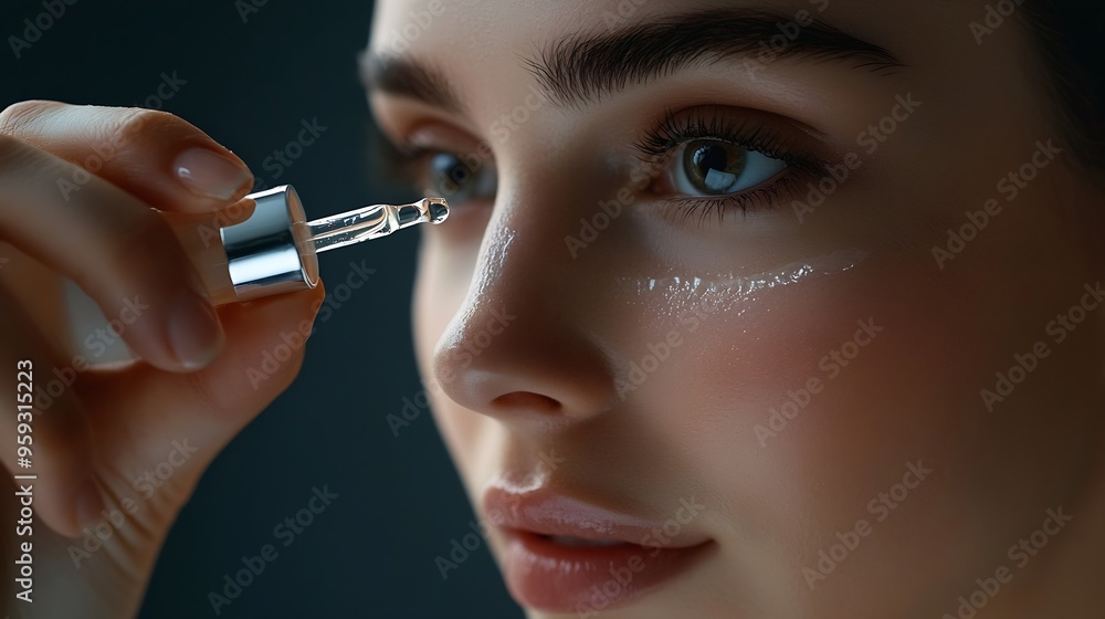 Fototapeta premium Cropped shot of a young woman applying antiwrinkle serum to the skin on cheek with a dropper on dark gray background Nourishing moisturizing cosmetic serum Cosmetology beauty concept F : Generative AI