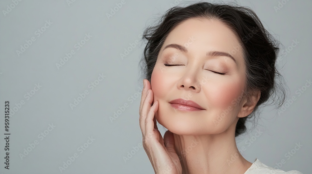 Gorgeous senior older woman with closed eyes touching her perfect skin Beautiful portrait mid 50s aged woman advertising facial antiage lift products salon care tighten skin isolated o : Generative AI Gorgeous senior older woman with closed eyes touching her perfect skin Beautiful portrait mid 50s aged woman advertising facial antiage lift products salon care tighten skin isolated o : Generative AI