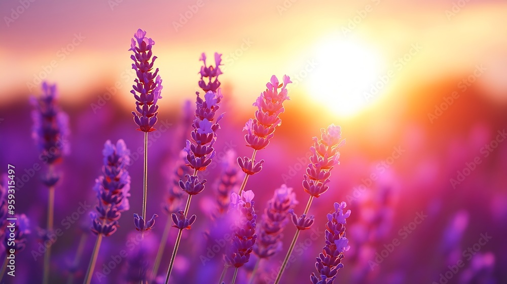 Beautiful lavender field with a nice sunset in the background : Generative AI Beautiful lavender field with a nice sunset in the background : Generative AI