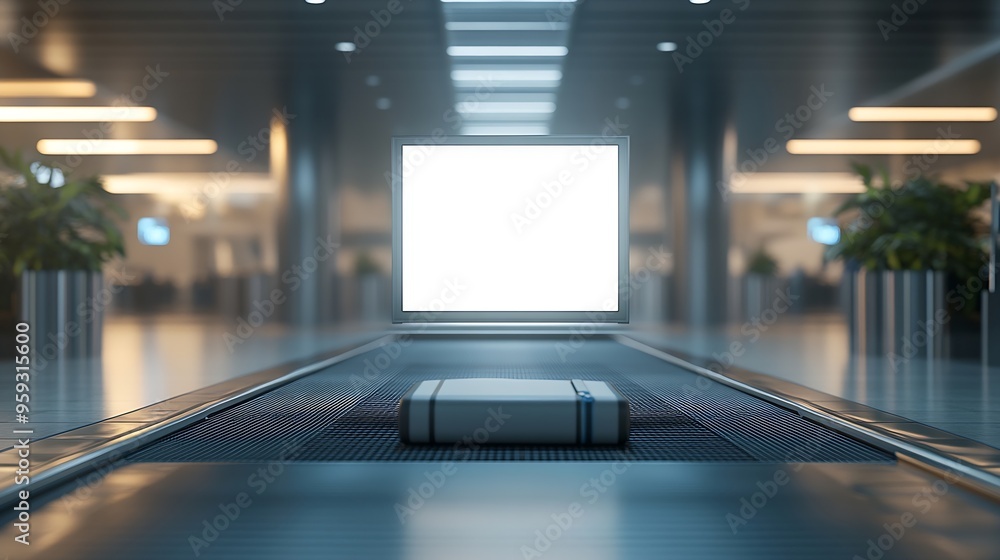 View of a baggage claim area in a hall of a modern airport arrival zone with luggage conveyor belt with a selective focus on a template of a blank advertising poster or an information : Generative AI View of a baggage claim area in a hall of a modern airport arrival zone with luggage conveyor belt with a selective focus on a template of a blank advertising poster or an information : Generative AI