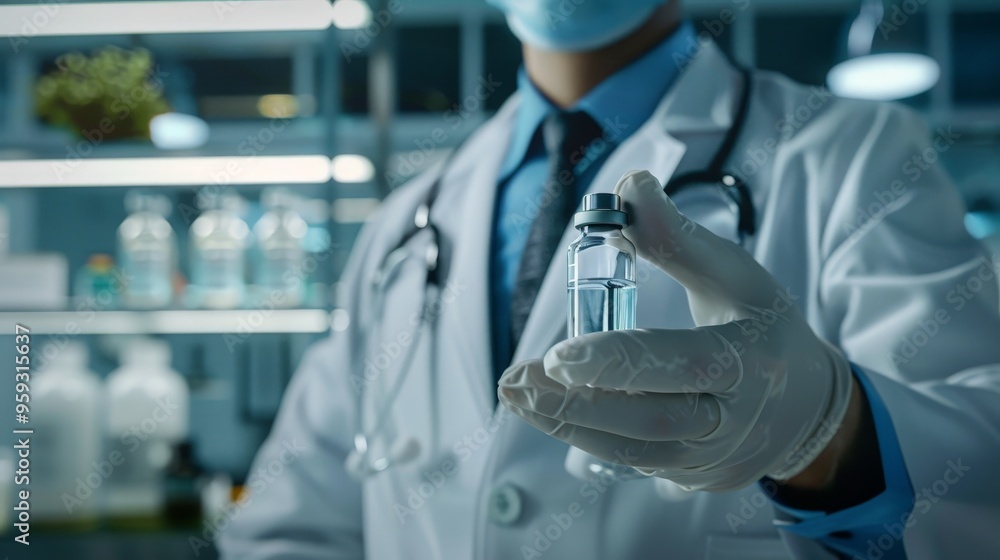 A 3D model of a doctor wearing a lab coat and gloves, holding a vial of medicine. The realistic render and clinical setting emphasize their role in treatment and patient care. A 3D model of a doctor wearing a lab coat and gloves, holding a vial of medicine. The realistic render and clinical setting emphasize their role in treatment and patient care.