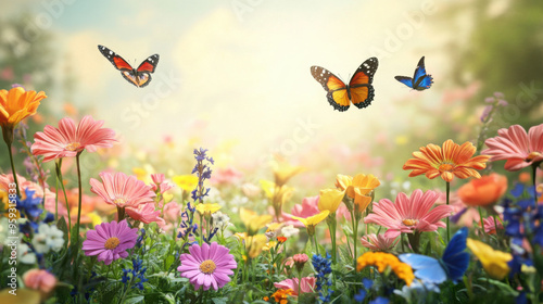 Cheerful flower garden with rows of colorful blooms and butterflies gracefully flitting about