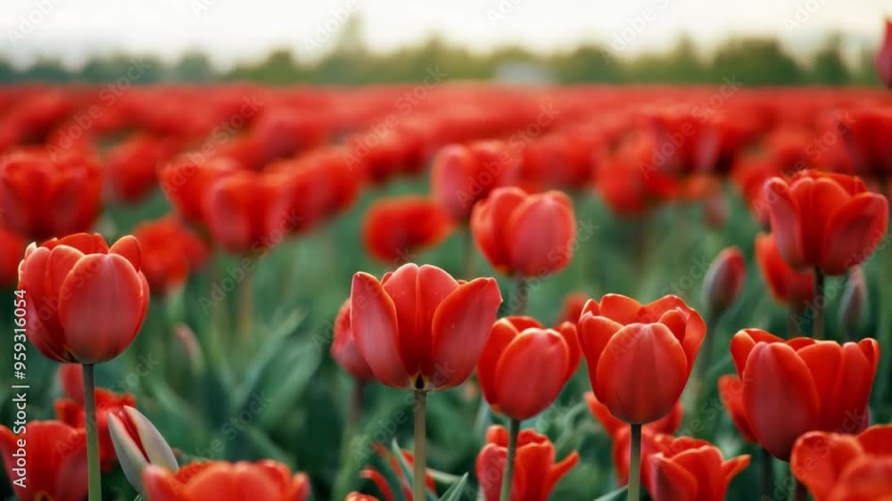 A vibrant field of red tulips swaying gently in the breeze, showcasing nature's beauty and vivid colors A vibrant field of red tulips swaying gently in the breeze, showcasing nature's beauty and vivid colors