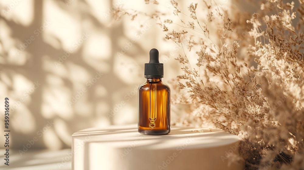 Amber glass dropper bottle with black lid on a podium with dry plants on light background Skincare products natural cosmetic Beauty concept for face and body care : Generative AI Amber glass dropper bottle with black lid on a podium with dry plants on light background Skincare products natural cosmetic Beauty concept for face and body care : Generative AI