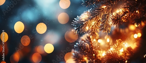 christmas background with Christmas tree and decorations light bokeh lights