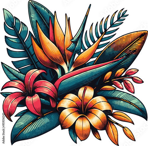 Colorful tropical flowers and leaves form a seamless pattern