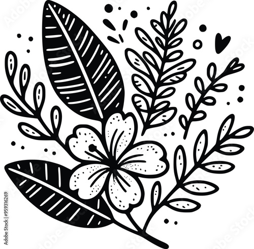 Black and White Tropical Floral Vector