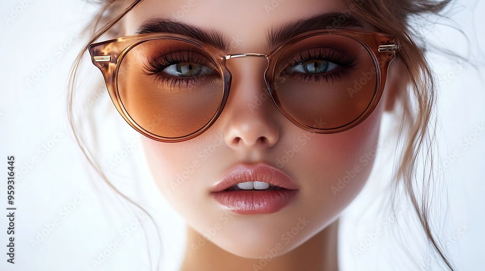 Closeup of a beautiful woman showcasing fashionable oversized sunglasses with a flawless makeup look Perfect for beauty and fashion themes Isolated on white : Generative AI Closeup of a beautiful woman showcasing fashionable oversized sunglasses with a flawless makeup look Perfect for beauty and fashion themes Isolated on white : Generative AI