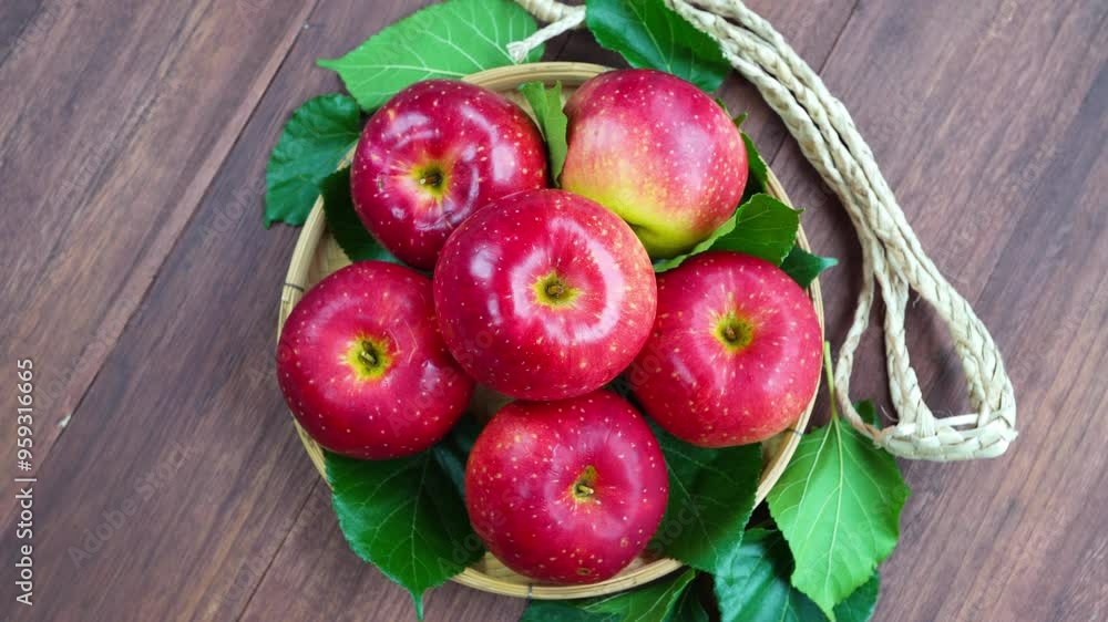 Fresh Red Japanese Apple in wooden bowl on wooden background, Shinano Red and Sansa Apple in wooden basket Fresh Red Japanese Apple in wooden bowl on wooden background, Shinano Red and Sansa Apple in wooden basket