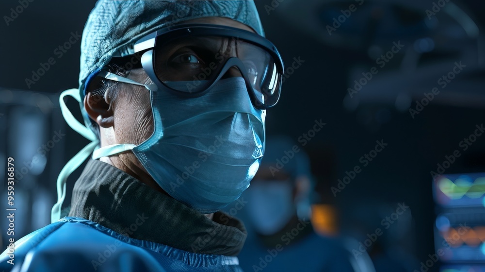 A 3D render of a doctor wearing a surgical mask and cap, ready for surgery. The realistic details and protective gear highlight their precision and expertise in the operating room. A 3D render of a doctor wearing a surgical mask and cap, ready for surgery. The realistic details and protective gear highlight their precision and expertise in the operating room.