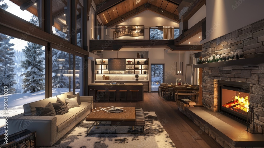A 3D rendering of a mountain cabin with a cozy interior and a fireplace, surrounded by snow.