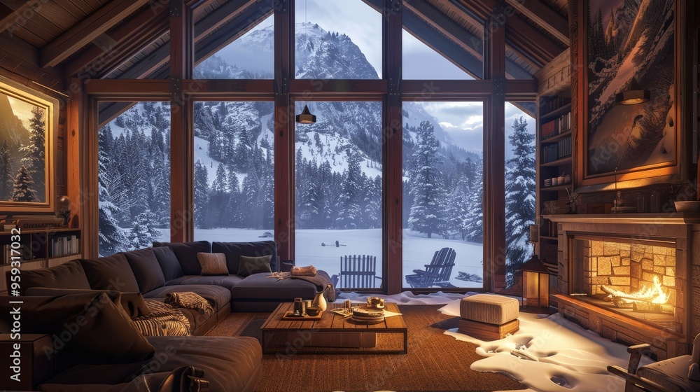 A 3D rendering of a mountain cabin with a cozy interior and a fireplace, surrounded by snow. A 3D rendering of a mountain cabin with a cozy interior and a fireplace, surrounded by snow.
