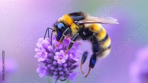 Bee or bumblebee feeding on nectar of Verbena or Vervain flowers Verbena bonariensis during summer pollination Macro closeup against blurred background Wicklow Ireland : Generative AI