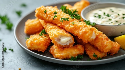 Fish fingers sticks on a plate with parsley lemon and tartar sauce on a gray texture Copy space : Generative AI