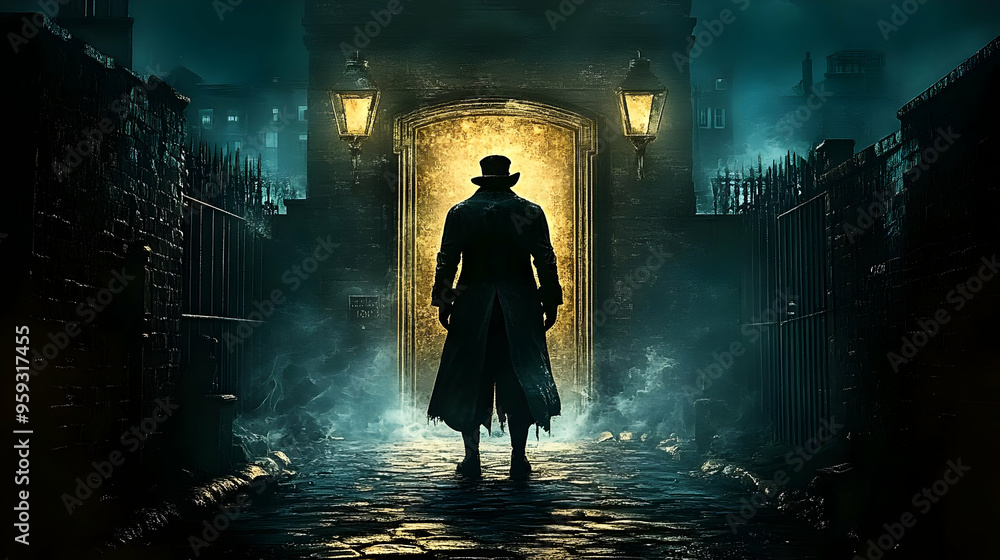 A man in a top hat stands in a dark alleyway with a glowing doorway in the background. A man in a top hat stands in a dark alleyway with a glowing doorway in the background.