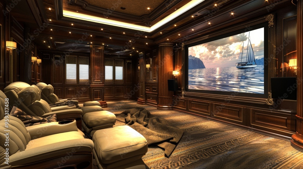 Fototapeta premium A 3D visual of a luxury home theater room with comfortable seating and a large screen.