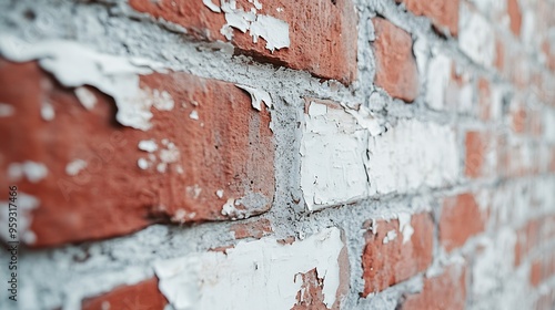 A brick wall with white paint peeling off The wall is red and brown in color The wall has a rough texture and he is old : Generative AI