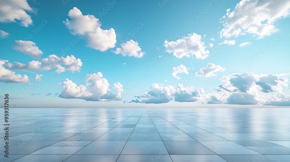 Beautiful Horizon Blue Sky with Subtle Clouds Background and Empty Floor : Generative AI Beautiful Horizon Blue Sky with Subtle Clouds Background and Empty Floor : Generative AI