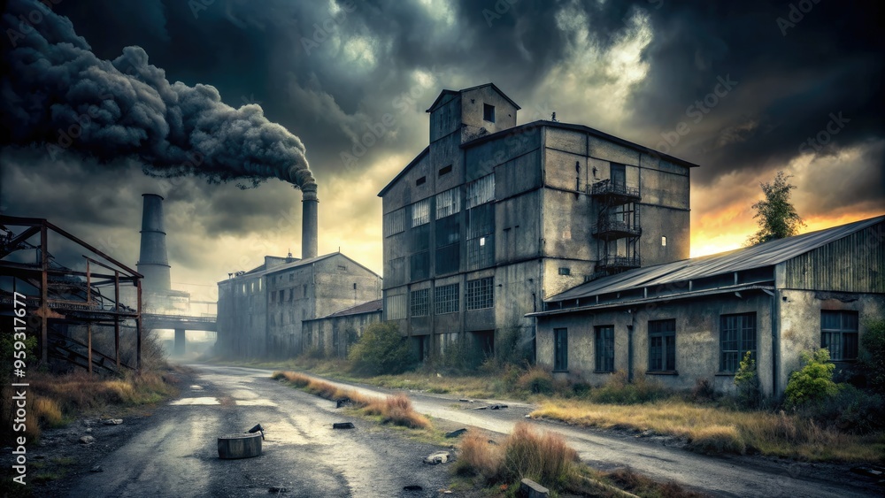 gray industrial landscapes abandoned buildings misty atmosphere desaturated colors melancholic mood cinematic style high contrast dramatic lighting gray industrial landscapes abandoned buildings misty atmosphere desaturated colors melancholic mood cinematic style high contrast dramatic lighting