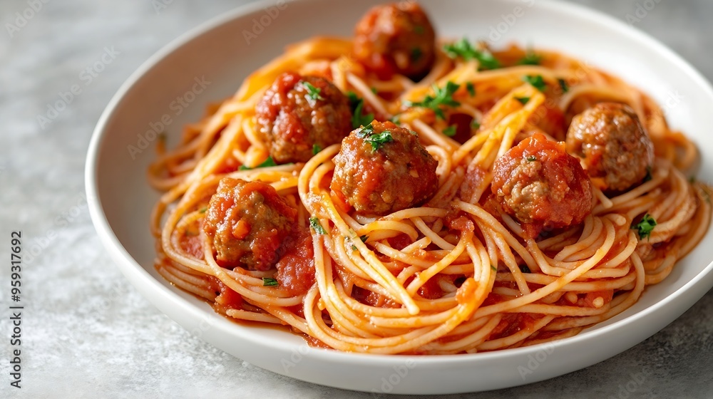 Pasta spaghetti with meat ball in tomato sauce on a plate over light grey slate stone or concrete background Top view with copy space : Generative AI Pasta spaghetti with meat ball in tomato sauce on a plate over light grey slate stone or concrete background Top view with copy space : Generative AI