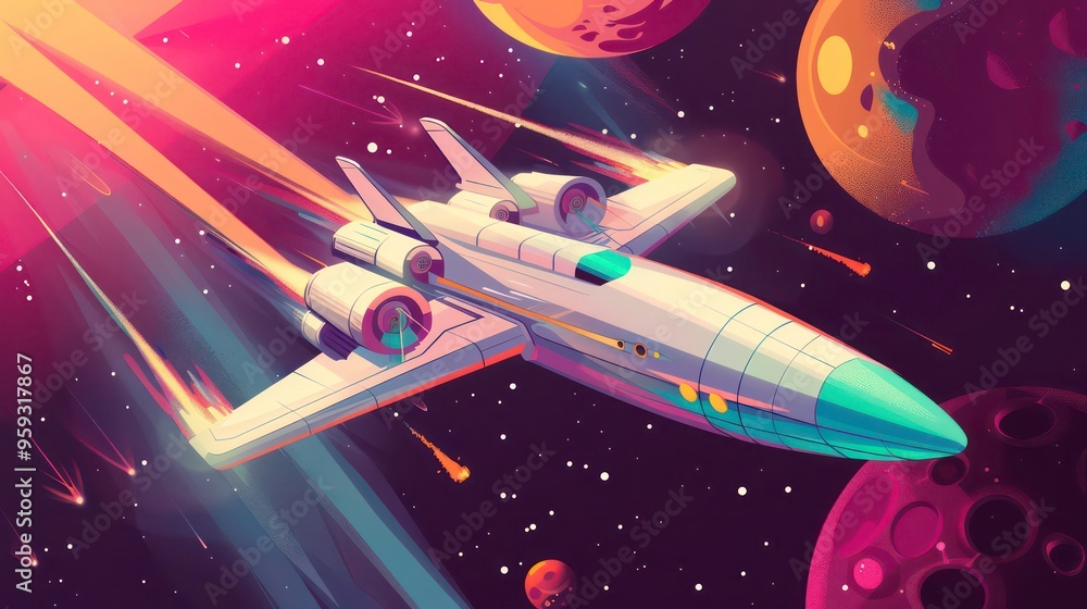 Spaceship flies past planets and meteor showers in space. Spaceship flies past planets and meteor showers in space.