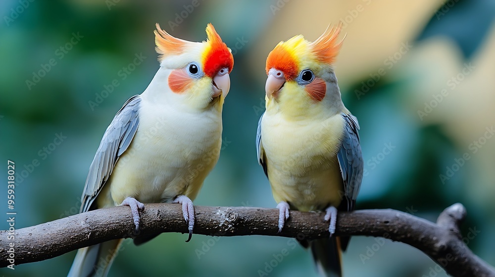 Fototapeta premium two cockatiels perched on a branch They are very beautiful and colorful birds : Generative AI