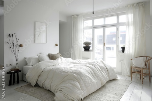 Minimal white bedroom with cozy elements and modern design