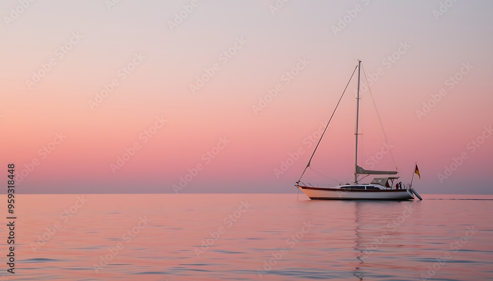 A sailboat on a calm sea at sunset, with a pink and purple sky. A sailboat on a calm sea at sunset, with a pink and purple sky.
