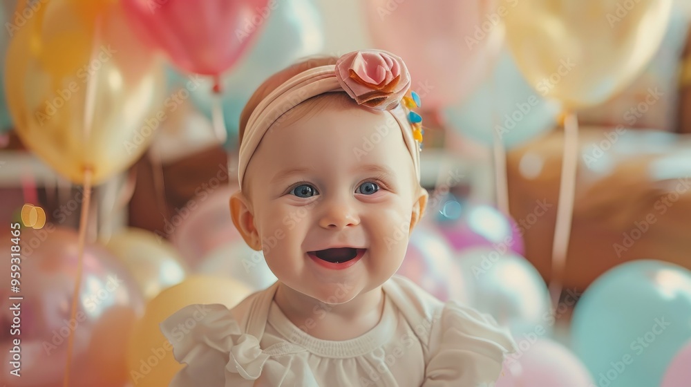 A baby girl with a festive headband sits at a birthday party, surrounded by balloons and decorations. Her joyful smile and the celebratory atmosphere create a heartwarming scene. A baby girl with a festive headband sits at a birthday party, surrounded by balloons and decorations. Her joyful smile and the celebratory atmosphere create a heartwarming scene.