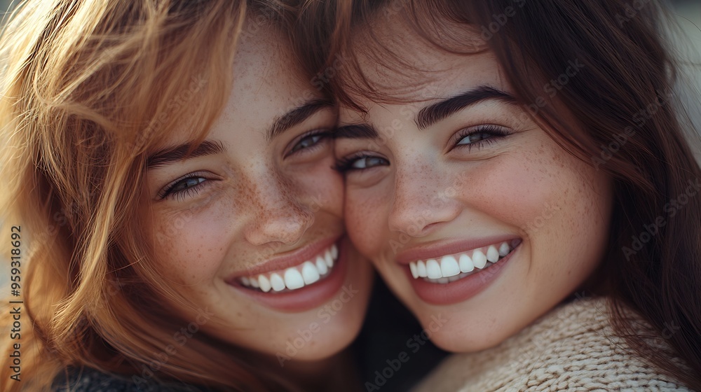 Closeup of two smiling women : Generative AI Closeup of two smiling women : Generative AI