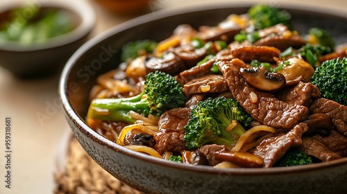 Stir fried rice noodles with beef with broccoli and mushrooms Closeup Macro Isolated on a beige background Southeast Asian cuisine Gourmet meal : Generative AI