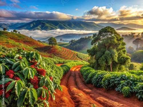 vibrant morning light on traditional kikuyu tribe's coffee farm in kenya's rift valley with misty hills and red soil photo